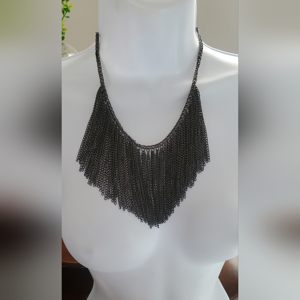 Vintage Black Fringe Drop Chain Steampunk Statement Art Deco Necklace